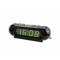 Электронные часы VST цифровые настольные от сети и батареек с зелёными цифрами будильник 17см Чёрные (VST-716)