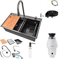 Кухонная мойка черная 75*45А PVD PLATINUM HANDMADE Водопад со смесителем, измельчитель и корзиной