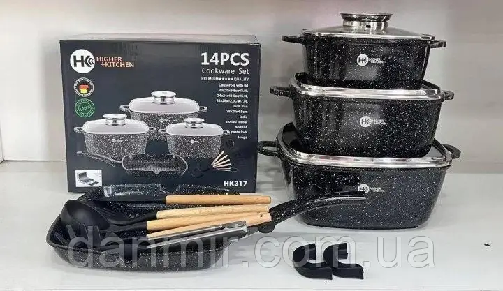 Набір посуду Higer Kitchen НК-317 квадратні каструлі та скородня 14 предметів Чорний