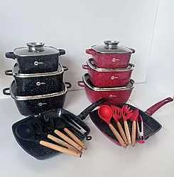 Набір посуду Higer Kitchen НК-317 квадратні каструлі та скородня 14 предметів Чорний і червоний