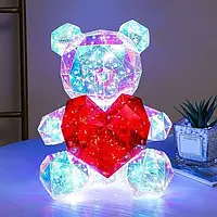 Хрустальний Ведмежатко Геометричний Ведмедик 3D LED Teddy Bear нічник з червоним серцем 25 см VetrainMarket