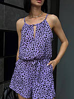 Фиолетовый легкий летний комбинезон из софта с шортами без рукавов в крапинку. Эластичный свободный комбез