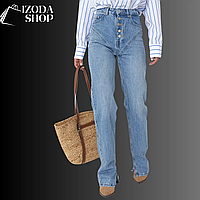 Стильные джинсы на пуговицах с фигурной кокеткой - голубой цвет (размер 38)