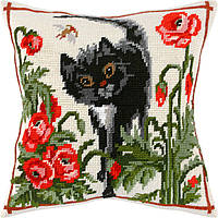 Набір для вишивання декоративної подушки Чарівниця Кіт серед маків 40×40 см V-01 BM, код: 7242957