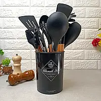 Набор термостойких кухонных приборов (12 предметов) из силикона и дерева Kitchen stuff, Черный