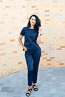 Свободный медицинский женский костюм топ+штаны Николь темно-синий, форма для медицинского персонала р.44