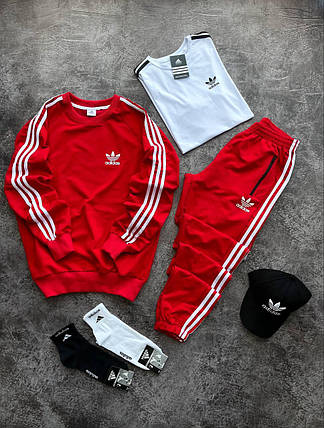 Весняний спортивний комплект Adidas Red світшот штани штани футболка блайзер шкарпетки Адидас червоний двухнить лампаси унісекс, фото 1