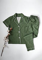 Пижама женская сатиновая, комплект: брюки и рубашка, зеленая в горох
