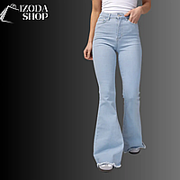 Женские джинсы-клеш с высокой посадкой, голубого цвета, тренд ретро-стиля, не подшитые края