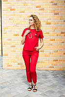 Свободный медицинский женский костюм топ+штаны Николь красный, форма для медицинского персонала р.42