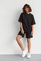 Трикотажный женский костюм с шортами и футболкой с вышивкой - черный цвет, L (есть размеры) lk