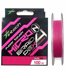 Шнур Intech MicroN PE X4 100 м #0.15 (0.064мм) / 4.4lb (2.0kg) (рожевий), шнур для ультралайту, мікроджигу