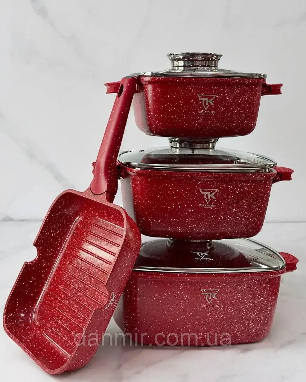 Набір каструль зі сковорідкою Top Kitchen з мармуровим антипригарним покриттям ТК103 Червоний