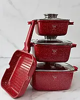 Набор кастрюль со сковородкой Top Kitchen с мраморным антипригарным покрытие ТК103 красный