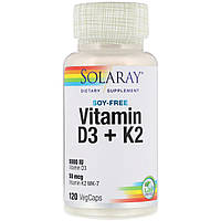 Витамин D3+K2, Soy-Free Vitamin D3 + K2, Solaray, 120 вегетарианских капсул NX, код: 7331269