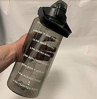 Велика Пластикова спортивна пляшка для води, Фітнес пляшка з ручкою, трубочкою та шкалою 2л/2000мл Чорна