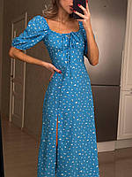 Романтичное нежное голубое женское платье из софта с цветочным принтом длины миди с рукавом фонариком