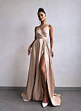 Жіноча вечірня атласна сукня максі з розрізом по ніжці, фото 4