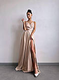 Жіноча вечірня атласна сукня максі з розрізом по ніжці, фото 8