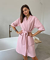 Женский вафельный халат кимоно средней длины хлопок розовый
