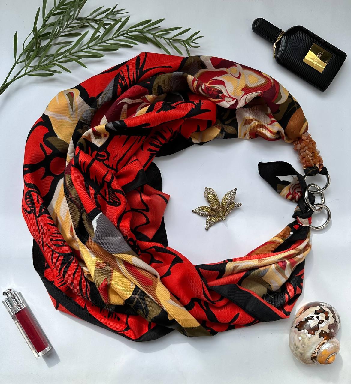 Дизайнерский платок "Красная роза любви" от бренда My Scarf, натуральные камни яшма