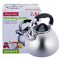 Кухонный чайник со свистком из нержавеющей стали и стеклянной крышкой 2.8л KL225463 Kamille IN, код: 8397323