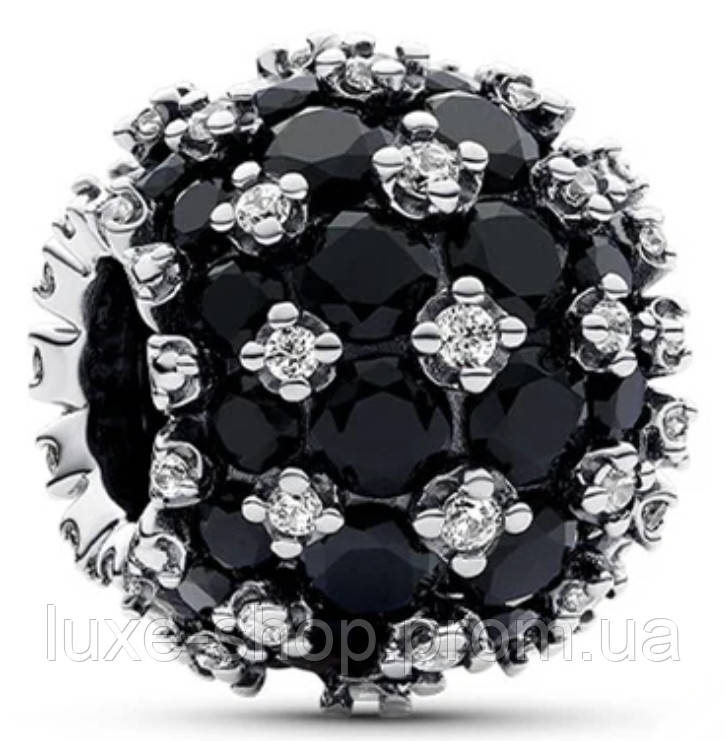 Намистина Пандора Чорне блискуче паве, Срібний Шарм Pandora 925 проба Бусина на браслет Чорне коло 88 камінців