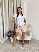 Новинка! Домашний пижамный комплект COSY женские шорты из сатина Pearl пудра пильная с футболкой белая