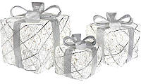 Набор декоративных подарков - 3 коробки 15х20см, 20х25см, 25х30см с LED-подсветкой, белый с серебром KOMFORT