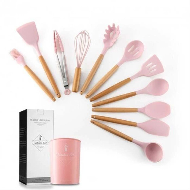 Кухонний набір Kitchen set Силіконовий із бамбуковою ручкою 12 предметів Рожевий