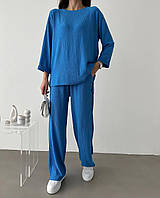 Жіночий літній прогулянковий костюм оверсайз двійка кофта з довгим рукавом вільні штани креп жниварка OS