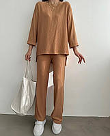 Жіночий літній прогулянковий костюм оверсайз двійка кофта з довгим рукавом вільні штани креп жниварка OS