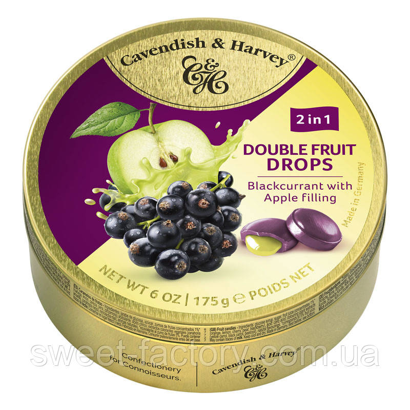 Льодяники Cavendish & Harvey Double Fruit Drops Blackcurrant Apple 175g, фото 1