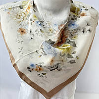 Нежный весенний шелковый женский платок. Натуральный мягкий платок с нежными цветами Коричнево - Бежевый