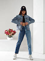Женская джинсовая куртка oversize свободного кроя голубая в размерах XS-XXL на пуговицах фабричный Китай L