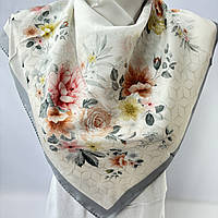 Нежный весенний шелковый женский платок. Натуральный мягкий платок с нежными цветами Серо - Бежевый