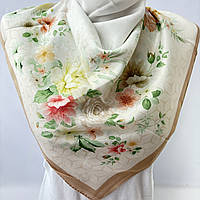 Нежный весенний шелковый женский платок. Натуральный мягкий платок с нежными цветами Коричнево - Зеленый