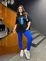 Женский прогулочный спортивный летний костюм батал футболка брюки на манжете большого размера кулир турецкий Синий, 50/52
