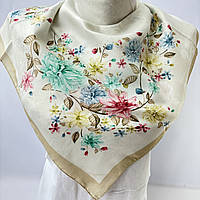 Весенний мягкий шелковый женский платок. Натуральный платок с нежными цветами Молочно - Коричневый