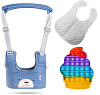 Комплект детские вожжи-ходунки 2Life с дополнительными подкладками Синий слюнявчик и Pop it М UP, код: 7465799
