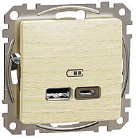 Розетка подвійна USB A+С береза Sedna