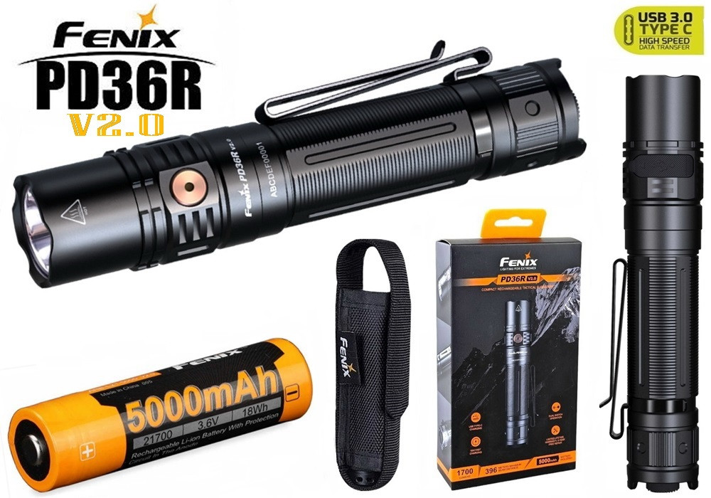 Ліхтар ручний Fenix PD36R V2.0 + Акумулятор 5000mAh (1700LM, USB-C, Luminus SFT-40, IP68, 21700)