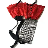 Чорні жіночі панчохи сіткою з широким червоним мереживом на зав'язках, фото 4