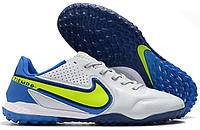 Сороконожки Nike Tiempo Legend 9 TF синие Футбольные многошипы найк унисекс Спортивная обувь бело-синие