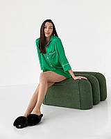 Шелковая рубашка размер М удлиненная зеленая, женская сатиновая рубашка на пуговицах для дома и отдыха