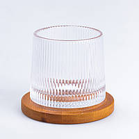 Склянка скляна прозора для віскі з дерев’яною підставкою