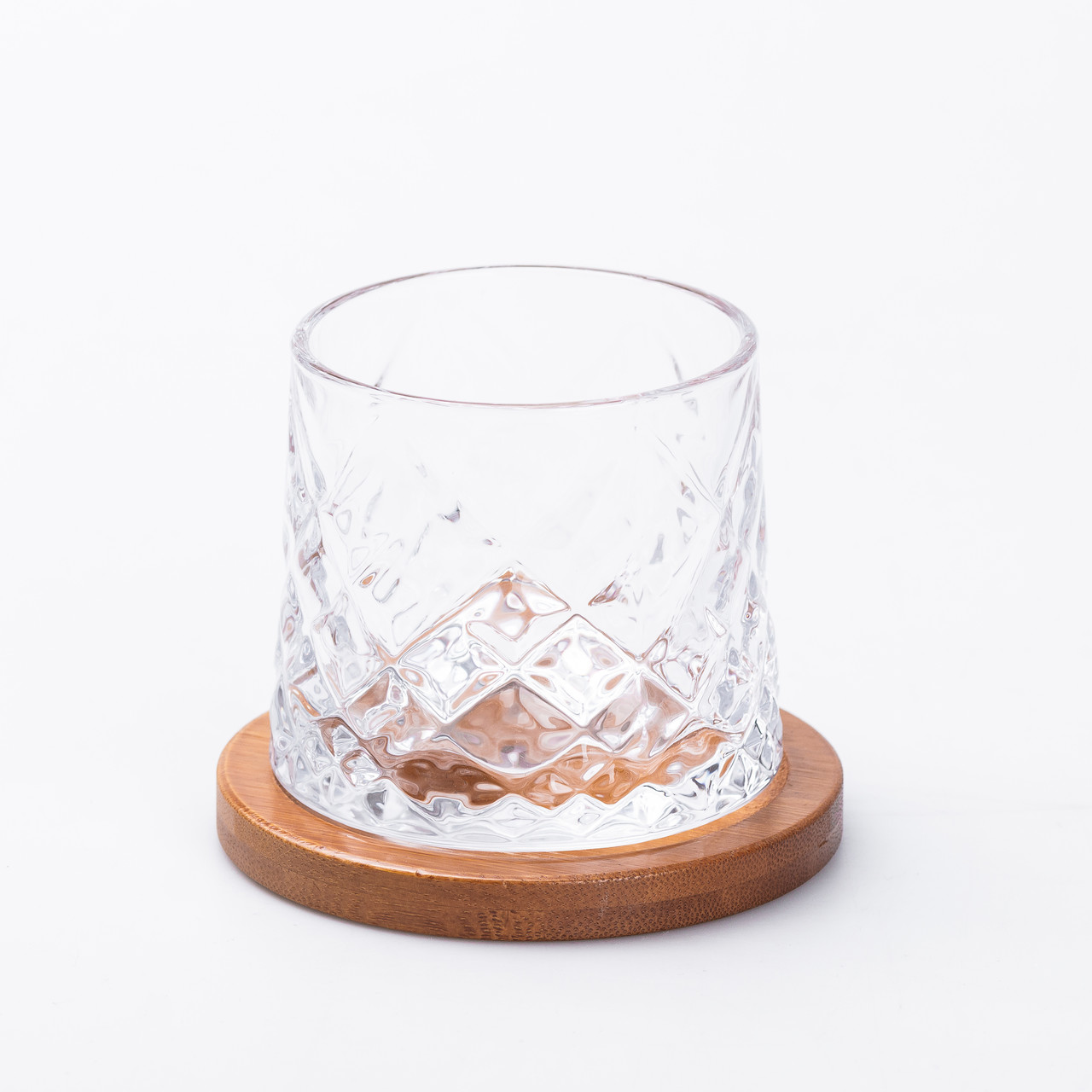 Склянка дзига для віскі скляна прозора з дерев'яною підставкою