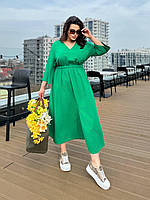 Длинное женское платье из льна в увеличенных размерах 48-50, 52-54, 56-58 Зеленый
