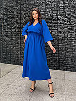 Длинное женское платье из льна в увеличенных размерах 48-50, 52-54, 56-58 Синий