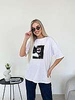 Базовая летняя стильная женская хлопковая футболка с принтом хорошего качества свободная оверсайз 42-46